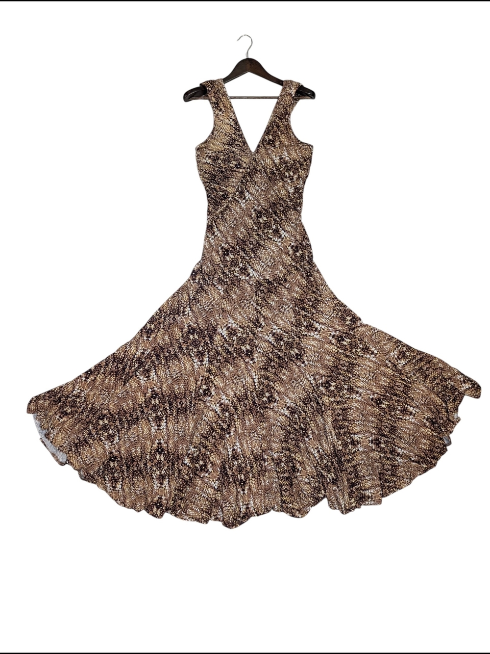 Caribbean Queen L Brown Snake Reptile Print Stretch Maxi Dress V-Neck Wide Skirt